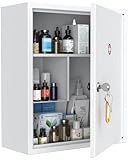 Uniclife Wall Mount Medicine Cabinet with Key Lock Locking First Aid Lockable Medical Safe Storage Box Large Capacity Medicine Organizer Secure Steel Wall Cabinet Metal Storage Box, White