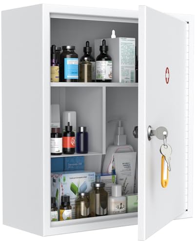 Uniclife Wall Mount Medicine Cabinet with Key Lock Locking First Aid Cabinet Lockable Medical Cabinet Large Capacity Medicine Organizer Secure Steel Wall Cabinet Metal Storage Box, White