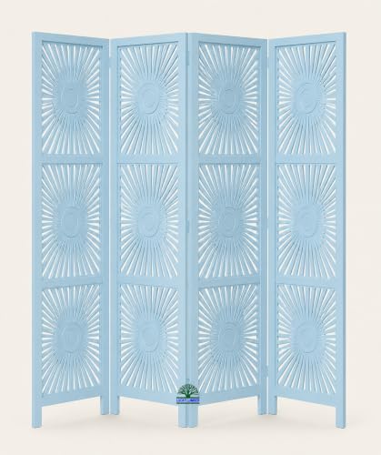 Image of Wooden Room Divider Partition for Living Room | Foldable 4 Panel Decorative Privacy Screen Separator for Home, Office & Bedroom | Modern (Light Blue)