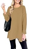 MEROKEETY Women's Fall Winter Oversized Pullover Sweater Spring Casual Loose Crew Neck Long Sleeve Side Split Jumper Tops,Khaki,M