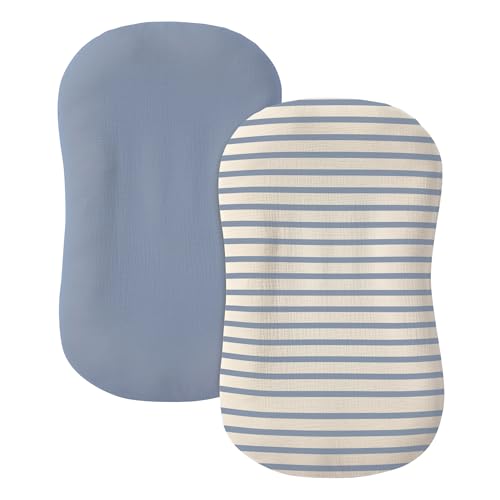 Image of guruixu Muslin Baby Lounger Cover 2 Pack, 100% Cotton Soft & Breathable Infant Replacement Slipcover, Compatible with Snuggle Me Newborn Lounger (Tradewinds,Blue Stripe)
