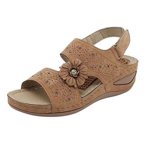 Sandalias de cuña para mujer, plataforma floral, con tiras, puntera abierta, ajuste ancho, zapatos cómodos para mujer, zapatos de verano antideslizantes para caminar, informales, ligeras, Brown, 39 EU