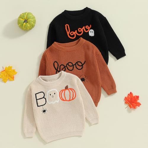 Little Kids Boy Girl Halloween Outfit Pumpkin/Boo Embroidery Knitted Sweater Warm Fall Winter Pullover Tops 12M-5T2