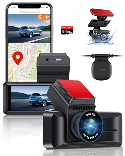 Vtopek Dashcam 4K Caméra Embarquée avec WiFi &amp; GPS 3,16-Pouce Caméra de Voiture Avant Arrière avec Carte 64 Go, Caméra Grand Angle [170° +140°], Vision Nocturne, Enregistrement en Boucle, Capteur-G