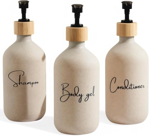 Dispensador jabon baño 500ml Beige con Detalle de bambú - Set de 3 Botes para Gel y champu acondicionador - Dosificador jabon baño Elegante y Funcional para Mantener la Ducha ordenada y Decorada