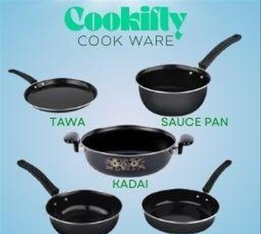 Image of Cast Iron Non Stick Cookware 5 Piece Set Kitchen Essentials Kadai Fry Pan Tawa Saucepan Milk Pan Induction Use Black Free Size
