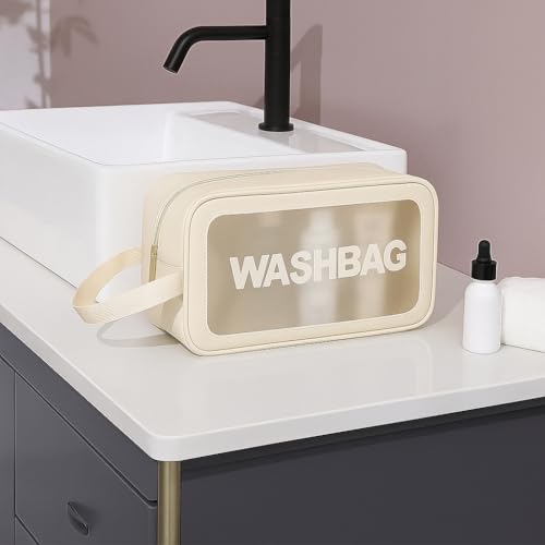 Image of Gritty Wash Bag Pouch for Travel Kit Toiletry Bag Cosmetic Bag Make Up Box for Brushes, Accessories with Handle, Large Capacity Waterproof Travel Storage Organizer Set of 3(Beige)