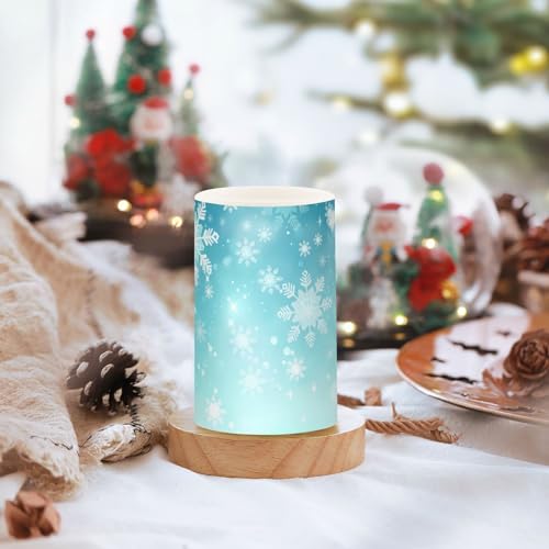 Image of Christmas Lights Flameless Candles Teal Turquoise Snowflake Pillar Candles Set of 2 Battery Operated Remote Control Warm Lights Home Decor