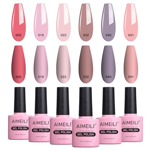 AIMEILI Soak Off Gel Nail Polish, Hema Free, Cruelty Free, Vegan, Pastel Pink Skin Tone Nail Art Set Of 6pcs X 10ml - Kit Set 22