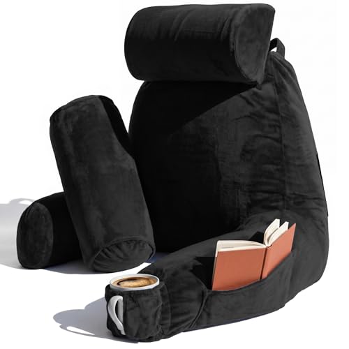Image of Nestl Reading Pillow with Shredded Memory Foam Includes 2 Neck and Lumber Support Pillows, Designed for Sitting Up in Bed and Couch, Back and Arms Adjustable Support for Adult & Teens, Black