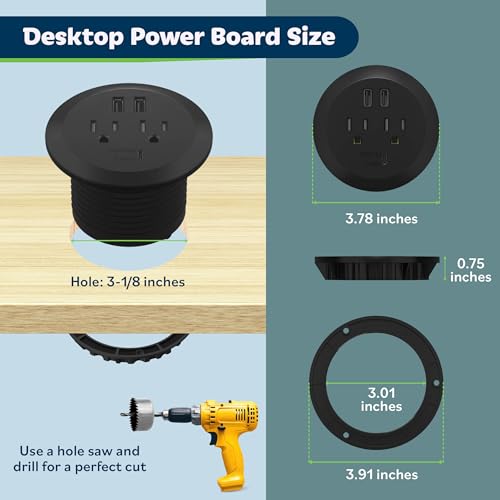 TOPGREENER TTRP48APD60-BK Desktop Power Grommet con Carga Rápida USB C 65W PD, Tecnología GaN, 2 Puertos USB-A y Tomas Dúplex, Negro miniatura 3