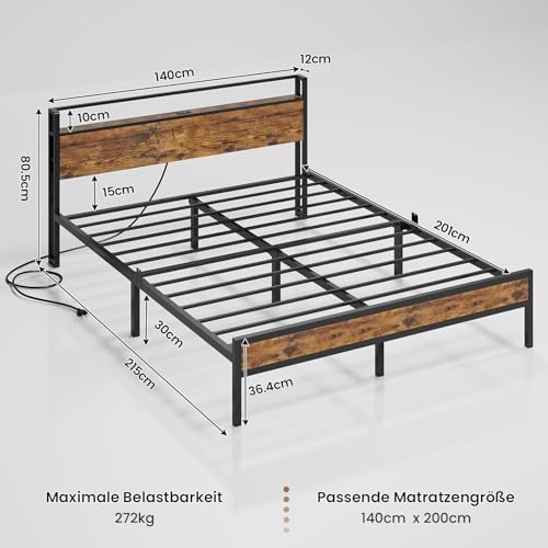Bett 140x200 mit Steckdose Metallbett 140x200 mit 3 USB-Anschlüssen und LED Beleuchtung Bettgestell aus Metall mit Kopfteil Doppelbett mit Stauraum Jugendbett Bettrahmen mit Lattenrost(140x200cm)