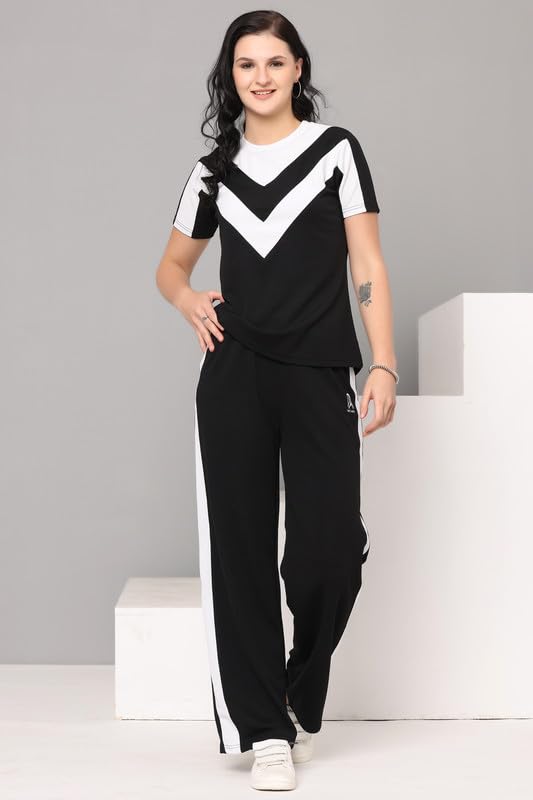 Image of Women's Cotton Blend Athletic Tracksuit - Round Neck Pullover Top & Bottom Set for Women and Girls | Sportswear & Loungewear Co-ord Set