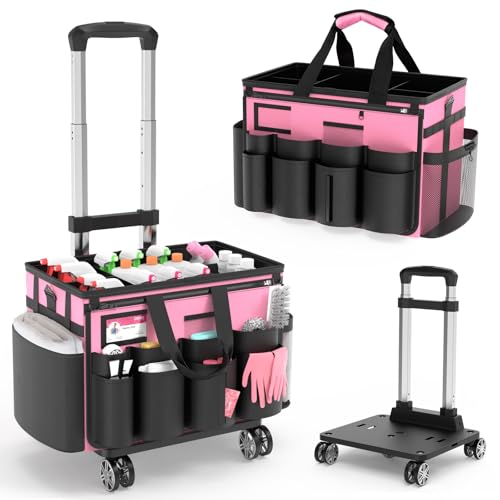 MUNNAR Cleaning Caddy with Wheels - Rolling Cleaning Caddy Bag with Detachable Trolley, Cleaning Caddy for Cleaning Supplies, Cleaning Bag for Housekeeping, Pink