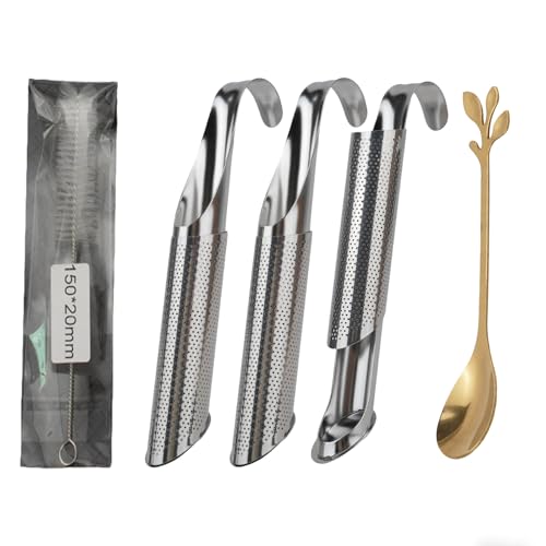 3PCS Stainless Steel Tea Infuser Set for Loose Leaf Tea, Includes Elegant Spoon and Cleaning Brush, Perfect Fine Mesh Strainer, Metal Diffuser, Pipe Tea Steeper for Loose Tea, Coffee, Spices