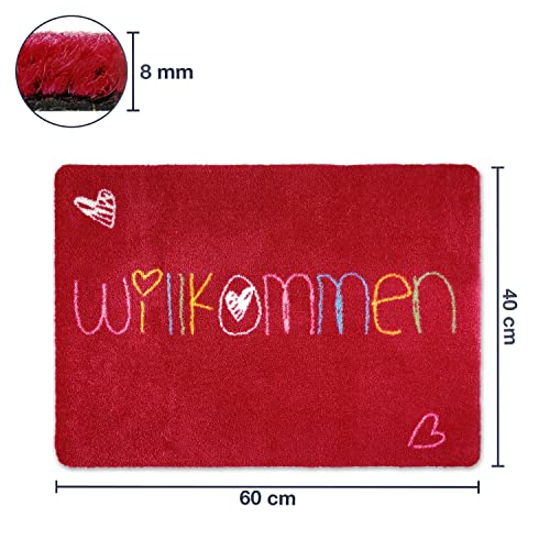 deco-mat Fußmatte Willkommen 40 x 60 cm Rot - rutschfeste, waschbare Fußmatte für Außen und Innen - Saugstarke Schmutzfangmatte für Eingangsbereich