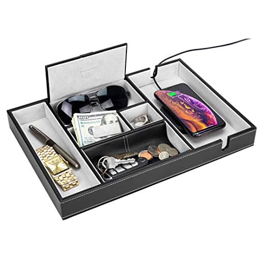 HOUNDSBAY"Victory" Valet Tray for Men with Large Smartphone Charging Station (Grey)