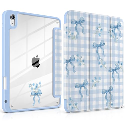 TWOLSKOO for iPad 11th & 10th Gen Case with Pencil Holder Trifold Stand Auto Sleep/Wake Clear Acrylic Back with TPU Bumper for iPad 11-inch (2025 A16 Chip) & 10.9-inch (2022) Blue Gingham Bows
