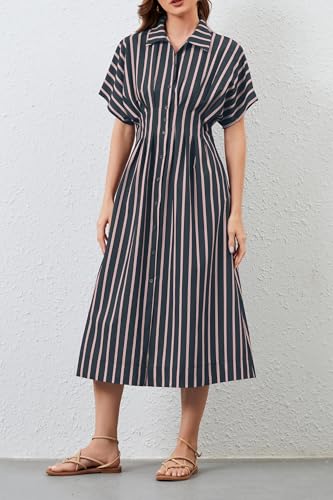 Image of MSBESYOR Women Button Front Pleated Shirt Maxi Dress Summer Striped Prints Short Sleeve Collar Casual Long Dresses