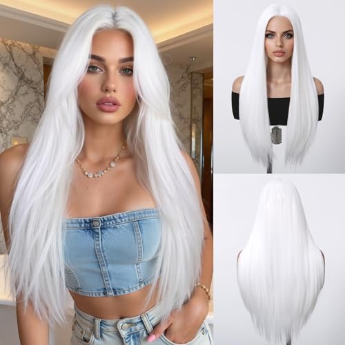 EMMOR Weiß Perücke Damen Fasching, Lange Gerade Geschichtete Mittelteil-Perücken, 26 inch Natürliche Hitzebeständige Synthetische Perücken für Karneval, Den Täglichen Gebrauch, Partys und Cosplay EMMOR Weiß Perücke Damen Fasching, Lange Gerade Geschichtete Mittelteil-Perücken, 26 inch Natürliche Hitzebeständige Synthetische Perücken für Karneval, Den Täglichen Gebrauch, Partys und Cosplay