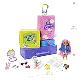 Die Party kann losgehen mit 2 Haustier-Welpen und einer exklusiven Barbie Extra Minipuppe, die mit langen, rosafarbenen Haaren, einem Batik-Outfit, einer Felljacke und Accessoires einfach toll aussieht.