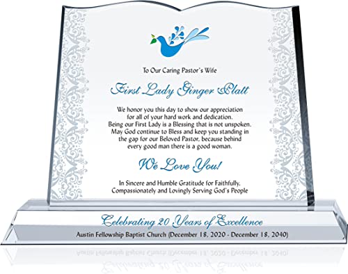 Custom Bible-Shaped First Lady Plaque – Personalized Crystal Gift for Pastor’s Wife Appreciation, Mother’s Day or Church Tribute (L - 12")