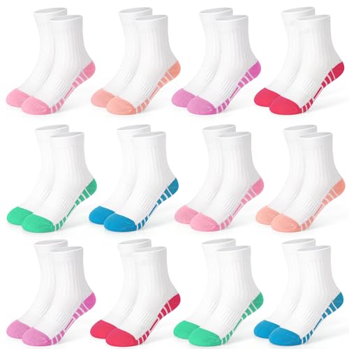 Girls Sports Socks 12 Pairs, Kid Trainer Soft Breathable Black White Colorful Cotton Socks for 7-10 Years Toddler with School