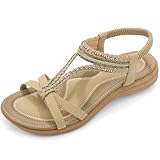 UBFEN Womens Bohemian Flat Sandals With Back Strap Summer Beach Comfortable Bling A Khaki Size US 10