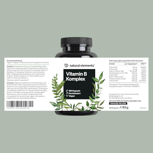 natural elements Vitamin B Komplex - 180 Kapseln - Hochdosiert: Mit 500 µg Vitamin B12 - alle 8 B-Vitamine (B1, B2, B3, B5, B6, B7, B9, B12) - vegan, in Deutschland produziert & laborgeprüft