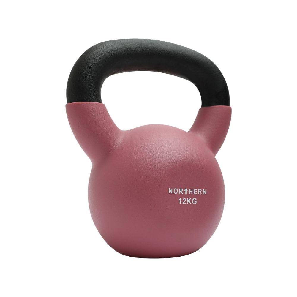 NORTHERN Dusk Pink Coated Cast Iron Kettlebell, 4kg–12kg Strength Training Weight, Flat Base, Durable Non-Slip Grip Kettle Bells for Fitness, Cross Training, Strength & Conditioning (12kg)