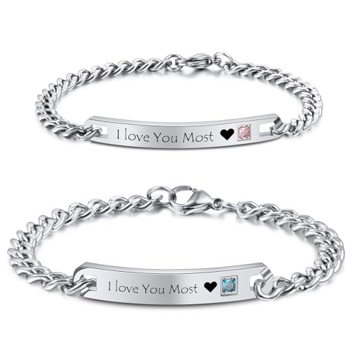 MeMeDIY Pulseras de Pareja Personalizadas 2 Piezas Grabado Nombre/Fecha para Novio Novia Pulseras de Acero Inoxidable Ajustables Regalo de Relación Amorosa A2