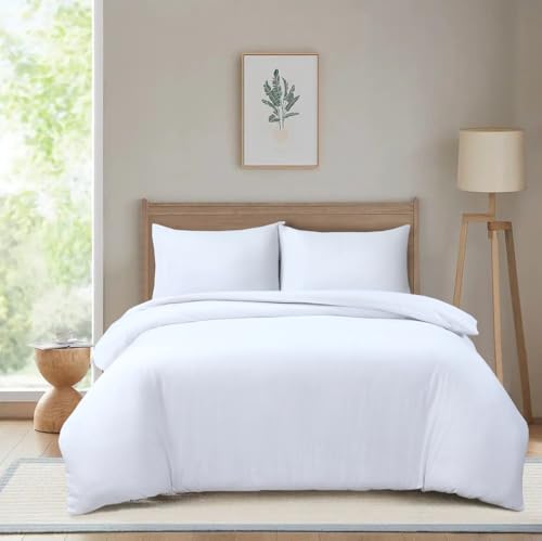Hadi London Parure de lit en microfibre brossée douce et respirante avec housse de couette et 2 taies d'oreiller assorties (blanc, simple)