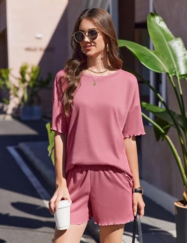 Image of Ekouaer Lounge Sets for Women Waffle Knit Pajama Set Shorts 2 Piece Matching Loungewear Summer Outfits with Pockets