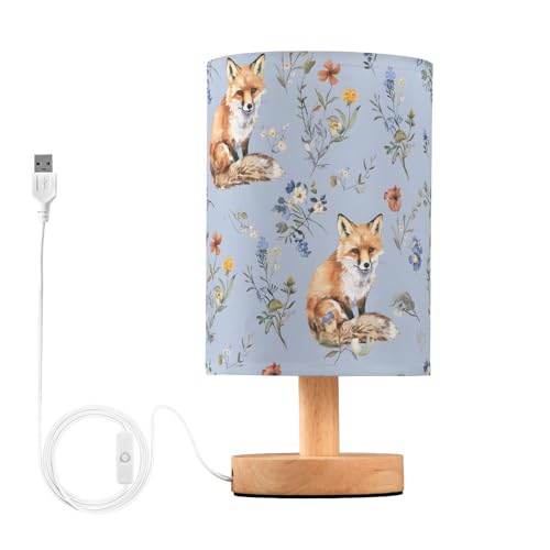 Image of Mnsruu Bedside Table Lamp Fox Blue Bedside Lamps LED Light Desk Lamp Fabric Shade Small Lamp for Bedroom Living Room (Bulb Included)