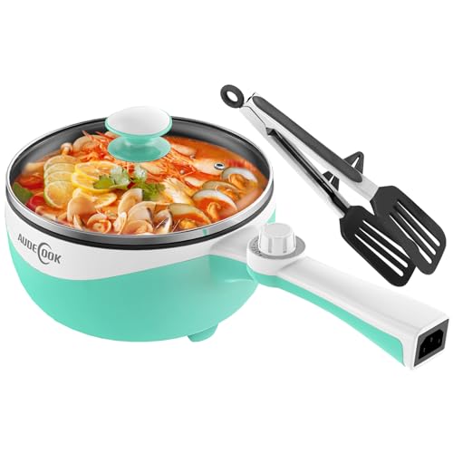 Audecook Hot Pot Electric, 1.7L Mini Electric Skillet Portable Nonstick Sauté Pan with Power Adjustment, Ramen Cooker Travel Multicooker for Steak/Soup/Egg/Oatmeal/Noodles (Tongs for Cooking Included)