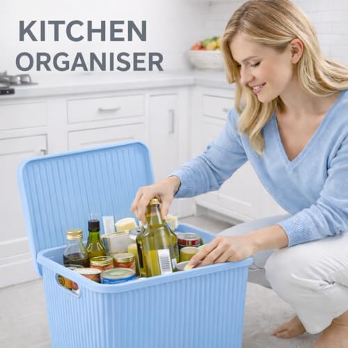 Image of Plastic Storage Box with Lid - Large Stackable Organizer Storage Box for Clothes, Toys, Kitchen - Big Size Plastic Storage Container Basket for Home, Office, Bathroom(Large,Pack of 3,Blue)