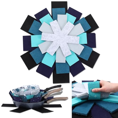 Queekay 24 Pcs Pot and Pan Protectors, 6 Different Sizes Pan Separators Protectors for Stacking, Felt Pots and Pans Separator Pads Dividers, Avoid Scratching Cookware Protectors (Blue Gray Color)