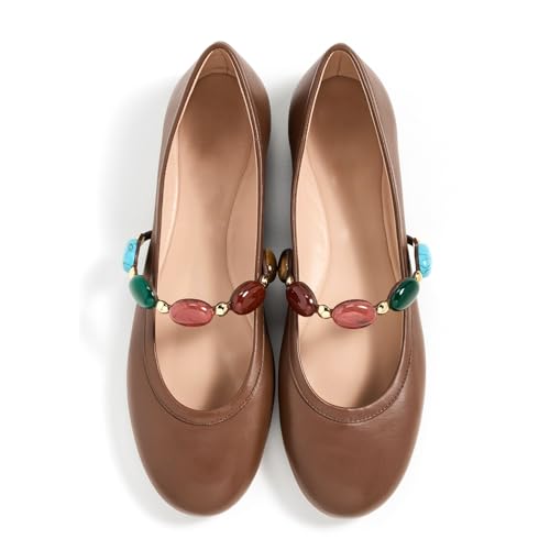 Mary Jane Shoes for Women Leather Ballet Flats with Gemstones Strap Round Closed Toe Ballerina Casual Comfy Slip on2