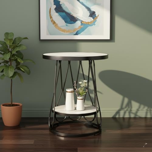 Image of End Tables Living Room, Nesting Tables with Rectangle Steel Frame, Round Coffee Table for Living Room, Bedroom, Office (Black White)
