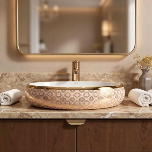 Image of Wallace Luxury Oval Table Top Wash Basin 60x40x15 cm | Blush Royale Gold Pattern Ceramic Countertop Vessel Sink | Premium Vanity Basin for Bathroom, Hotel & Modern Interiors