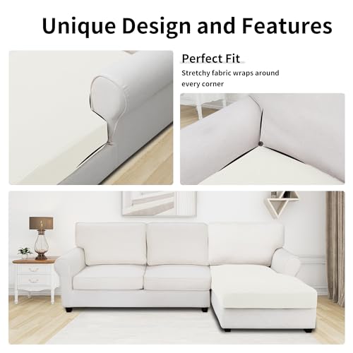 Image of Easy-Going Stretch 1 Piece Chaise Lounge Cushion Slipcover | Sectional Couch Covers L Shape Separate Cushion Couch Seat Chaise Cover for Both Left /Right Sectional Couch Cream