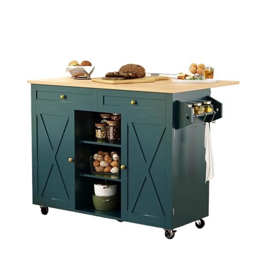 Carrito de isla de cocina con encimera de hojas caídas y gabinete de almacenamiento, isla de cocina rodante con ruedas para almacenamiento adicional y espacio de preparación (verde azulado oscuro)