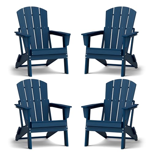 Image of Folding Adirondack Chair Set of 4, Lightweight - Portable HDPE Patio Chair, All-Weather Space-Saving Foldable Fire Pit Seating for Camping, Backyard, Deck-Navy Blue