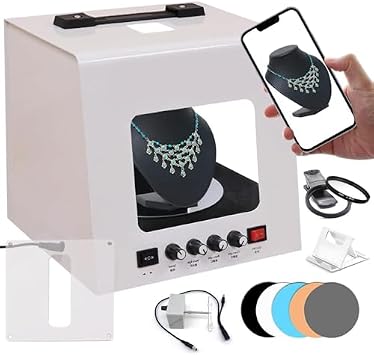Mini Photo Studio Light Box Kit for Jewelry - 4 Dimmable LED Lights, Adjustable 3000-5500K, 360 Rotating Turntable, 5 Backdrops for Professional Photography