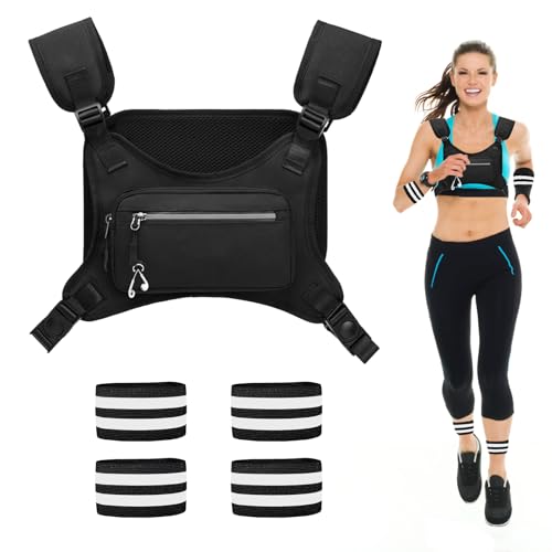RAFIYU Soporte para teléfono con Chaleco para Correr Chalecos Reflectantes para Correr con 2 bolsillo pectoral Running Vest Tirante ajustable y cinturón Teléfono de Hasta 7.5in con 4 Cinta Reflectante