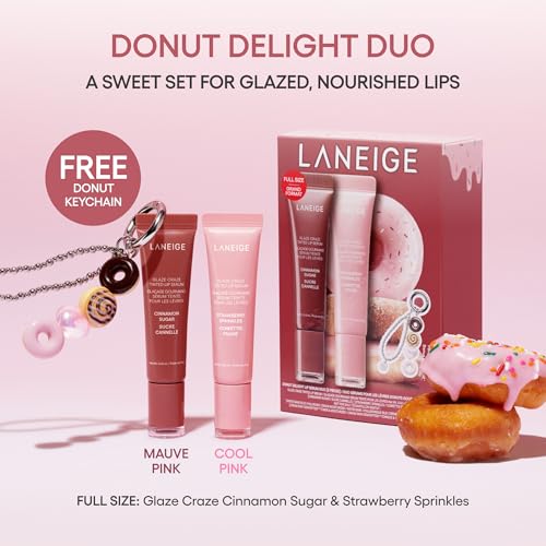 LANEIGE Glaze Craze Donut Delight Lip Serum Duo | Laneige Hydrating Tinted Lip Serums & Donut Keychain | K-Beauty Set for Glossy, Plump Lips