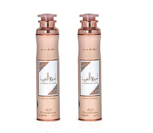 Pack de 2 Ambientadores Lattafa Ameerat Al Arab Prive Rose 300ml, Aroma Floral y Afrutado Notas de Rosa y Vainilla, Fragancia Árabe para Hogar, Coche y Oficina (Ameerat Al Arab Prive Rose – Pack of 2)
