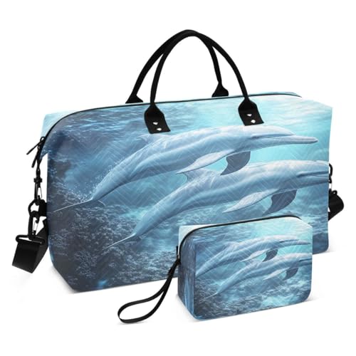 Dolphin Ocean Blue Travel Duffle Bag Gym Bag Weekender Bags with Toiletry Bag Travel Trip Tote Bag