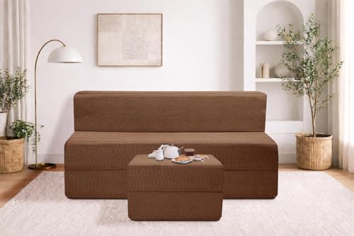 Image of Rosebell Foldable Sofa-Cum-Bed with Ottoman | 3-in-One Foldable Sofa, Lounger & Bed-5x6 Feet Three Seater- Perfect for Home & Office -Brown-Color