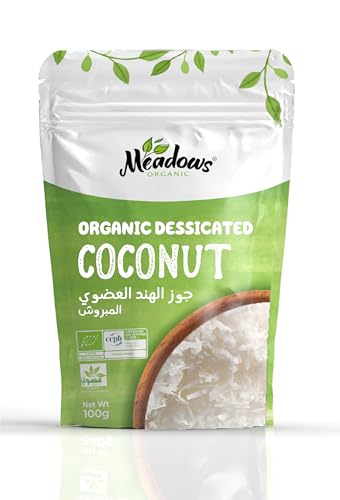 Meadows Organic Gluten Free & Vegan Desiccated Coconut 100g. Made with 100% Organic Coconut. Packed With Essential Nutrients. No Added Preservatives and Sugar